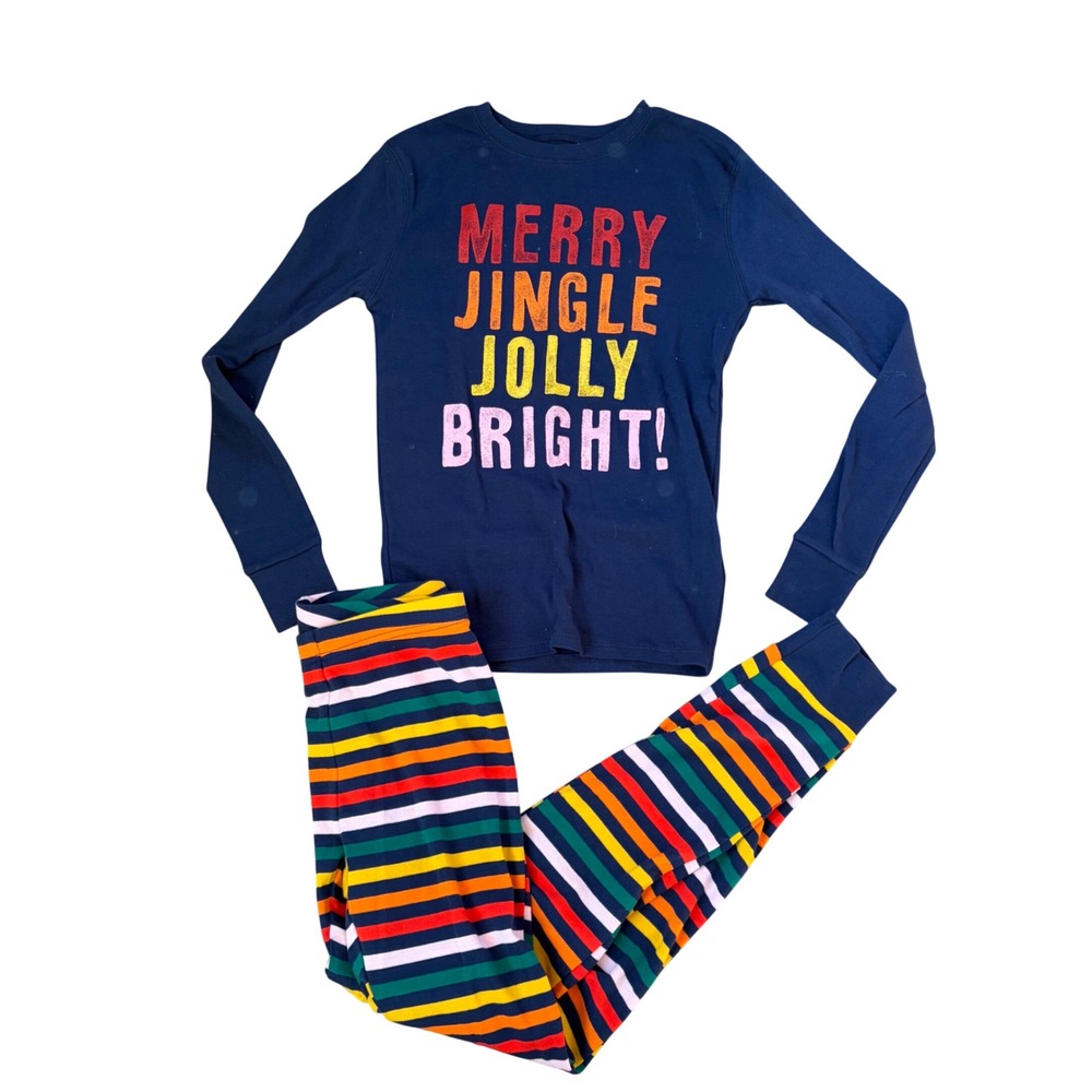 NWT Old Navy Kids Christmas Pajama Set XL 12 Navy Blue Unisex Stripes Colorful